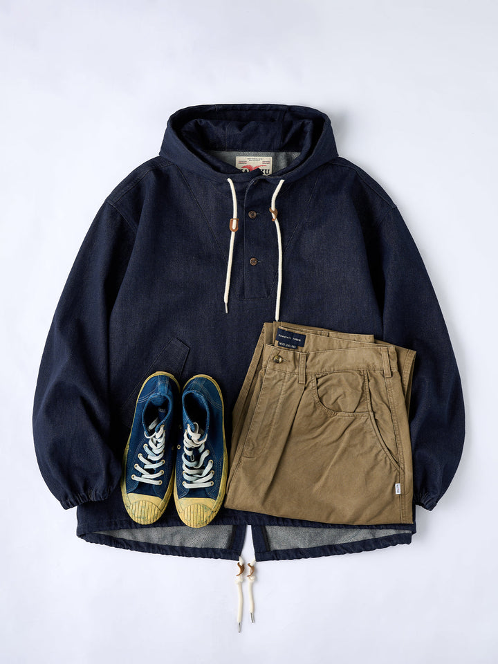 Washed Denim Hoodie with Half-Button and Side Slits