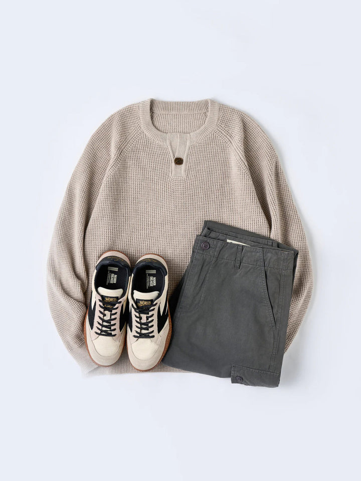 Heavyweight Mini-Waffle Henley Knit Sweater