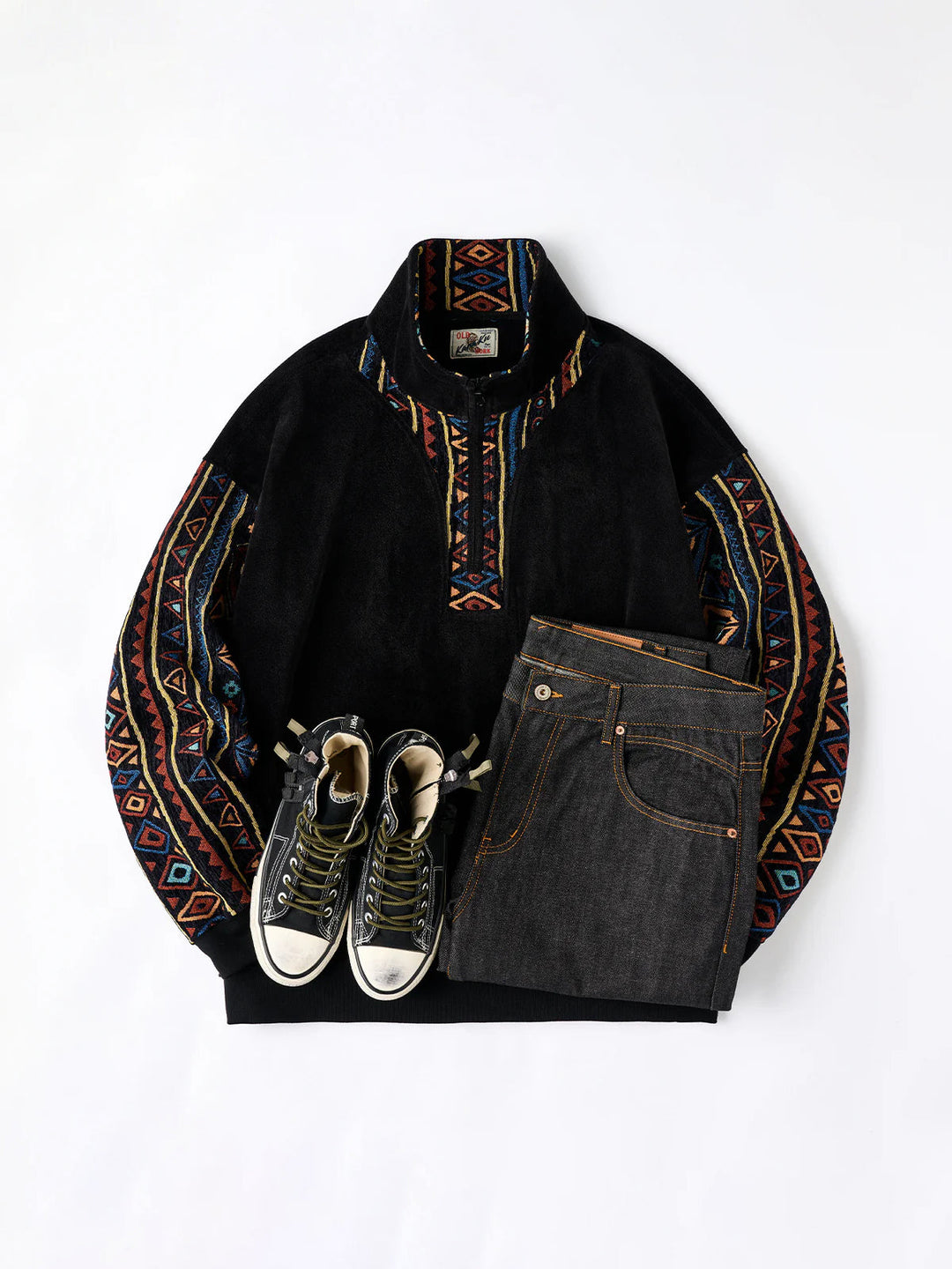 Ethnic Jacquard Combination Half-Zip Polar Fleece Sweatshirt