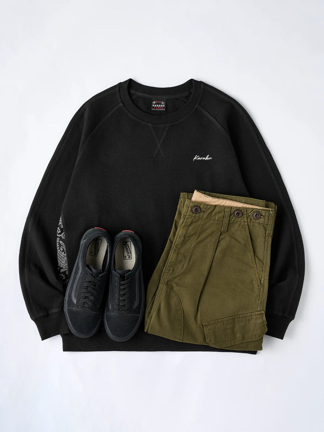 Jacquard Paisley Panel “KaraKu” Embroidered Mini Waffle Sweatshirt