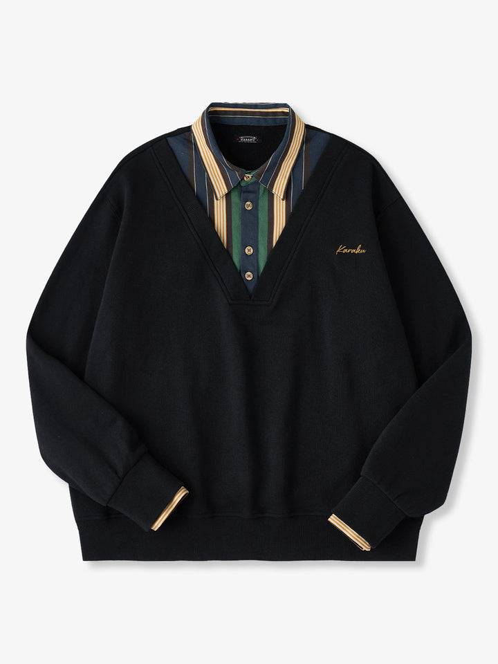 Faux-Layered V-Neck Sweatshirt with Multi-Stripe Shirt Detail