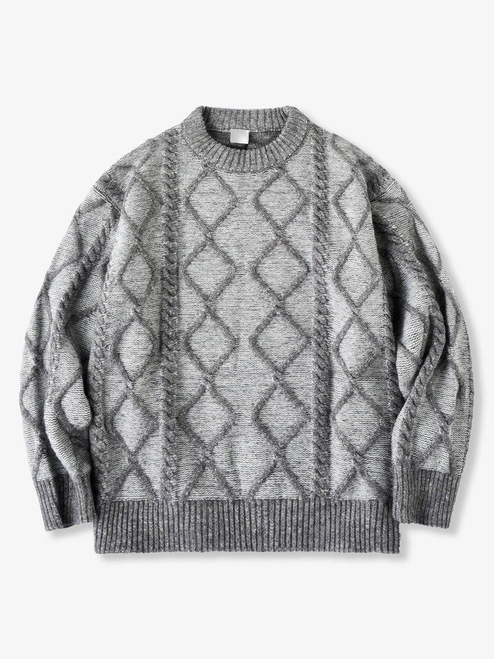 Crew Neck Sweater with Diamond Cable Knit Pattern