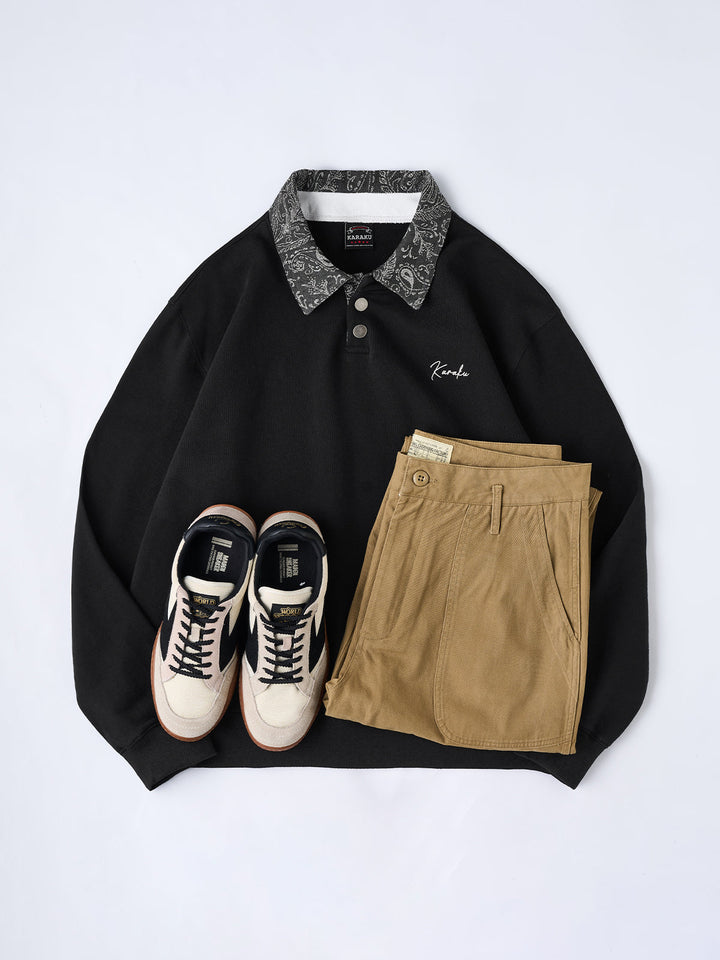 Karaku Embroidered Polo Sweatshirt with Jacquard Paisley Collar &amp; Placket