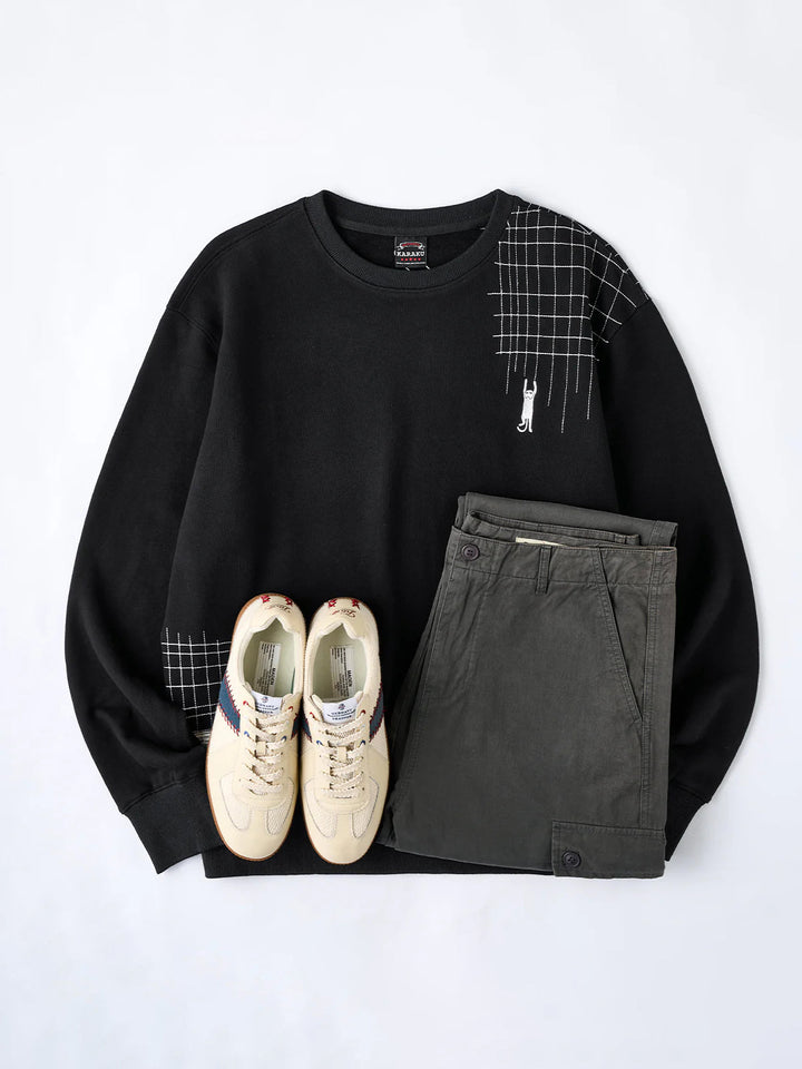“Scratching Cat” Sashiko Embroidered Sweatshirt
