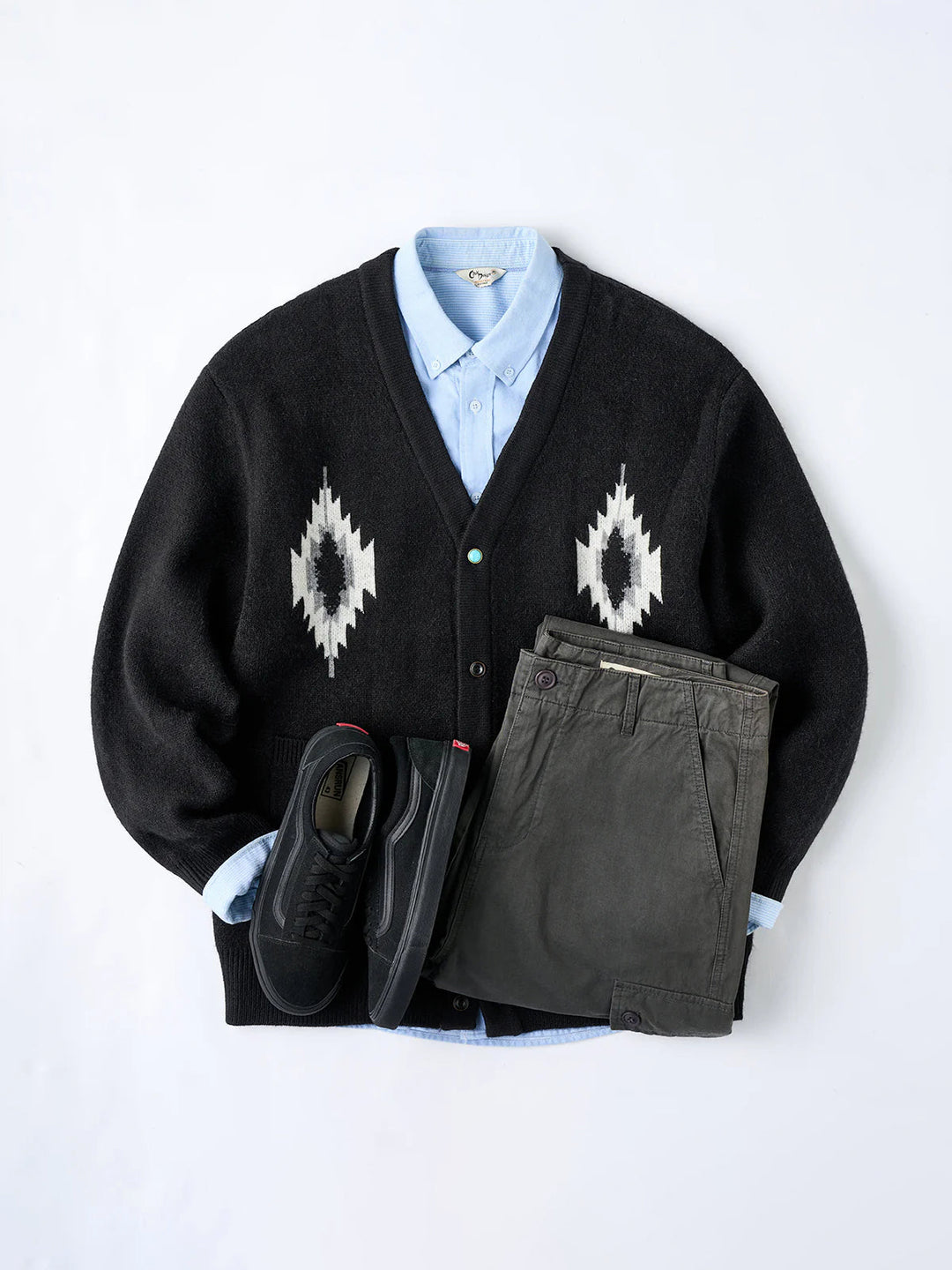 Jacquard Knit V-Neck Cardigan with Navajo &amp; Thunderbird Motifs