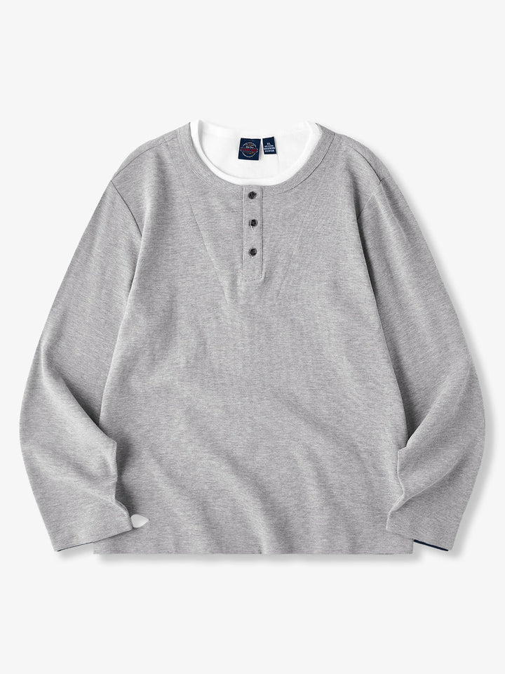 Mini Waffle Henley Long Sleeve Sweatshirt with Faux Layered Design