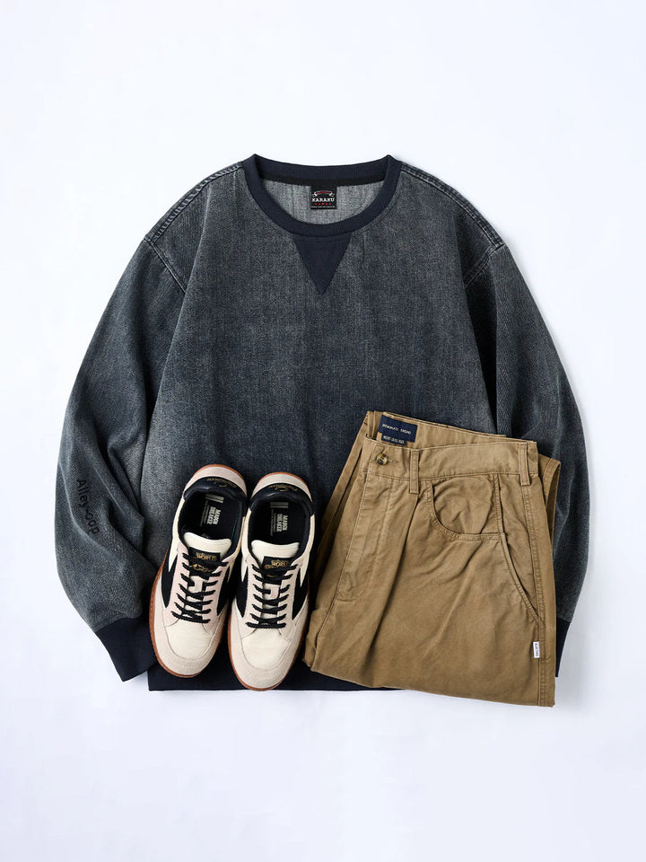 “Alley-oop” Sleeve Embroidery V-Gusset Stone-Washed Denim Sweatshirt
