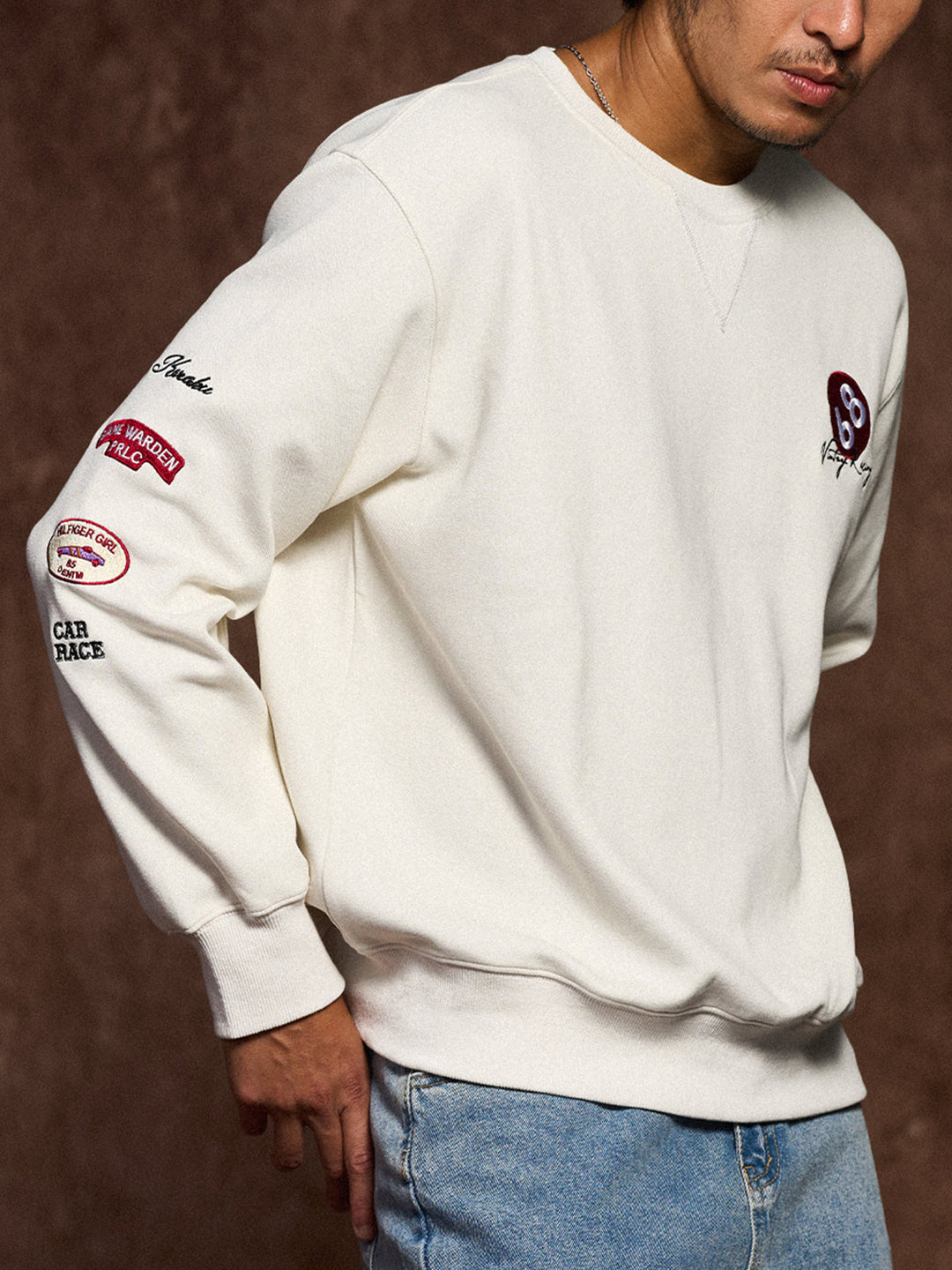 Racing-Inspired Embroidery &amp; Patch V-Gusset Cotton Sweatshirt