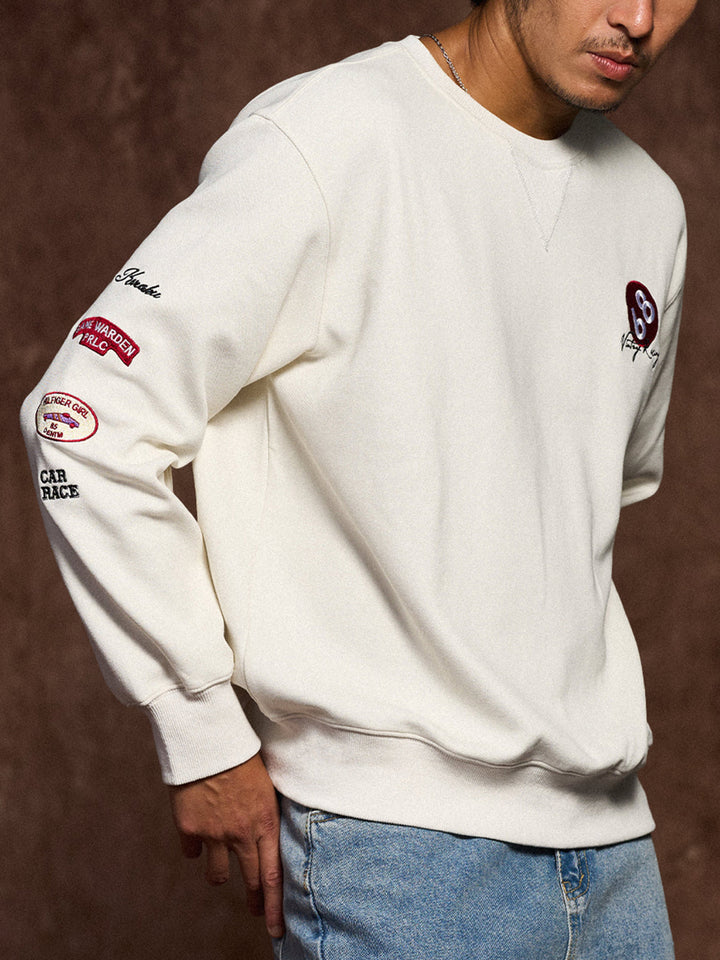 Racing-Inspired Embroidery &amp; Patch V-Gusset Cotton Sweatshirt