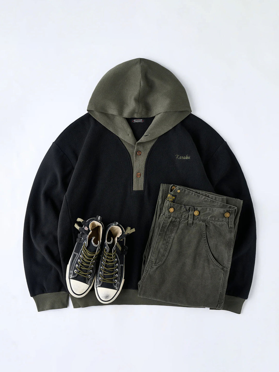 Knit-Contrast Double-Sided Brushed Fleece Hoodie