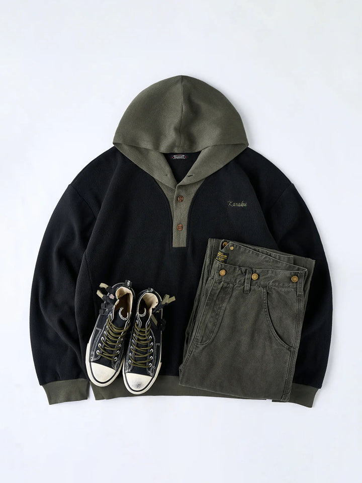 Knit-Contrast Double-Sided Brushed Fleece Hoodie