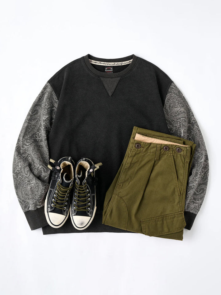 Washed Sweatshirt with Paisley Denim Sleeves &amp; V-Gusset Detail