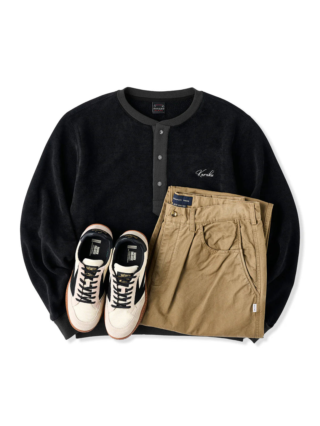 Henley Neck Fleece Sweatshirt with “KaraKu” Embroidery (Double-Sided Brushed)