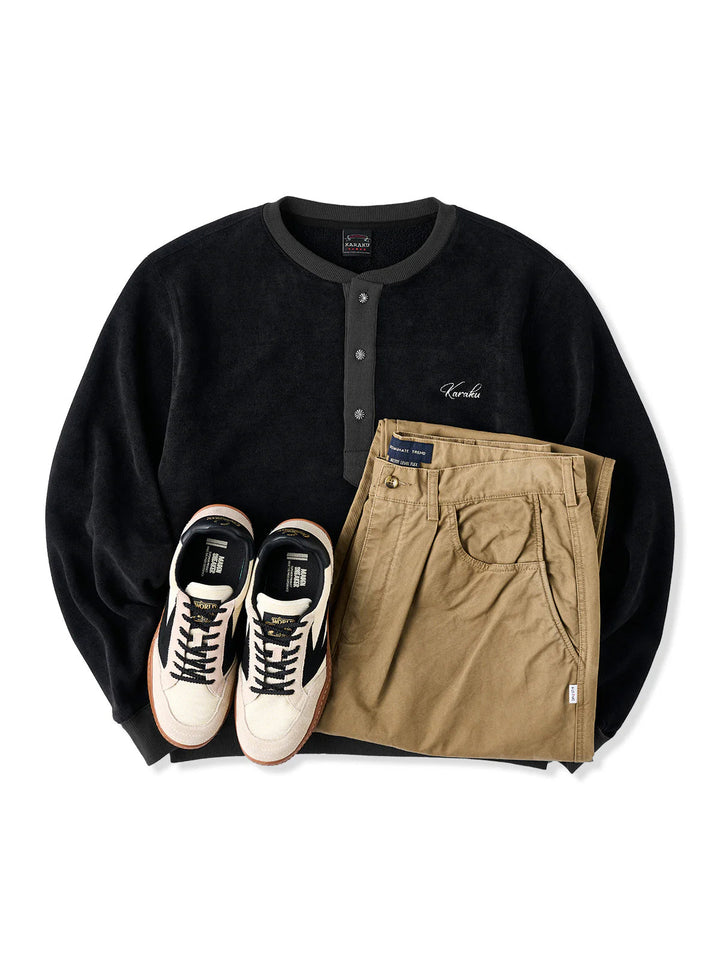Henley Neck Fleece Sweatshirt with “KaraKu” Embroidery (Double-Sided Brushed)