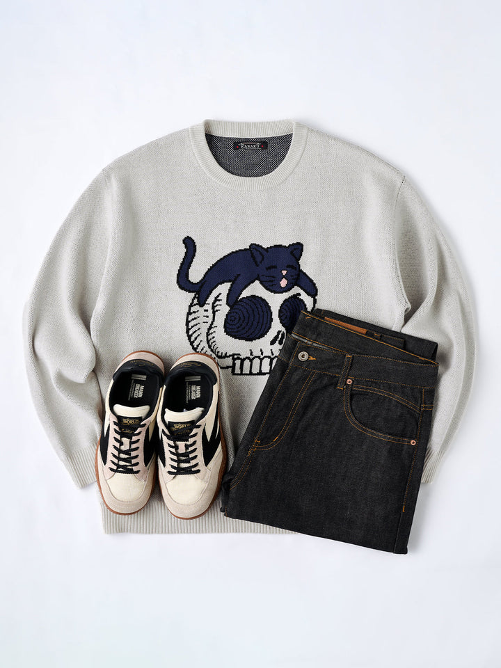 “Black Cat on Skull” Pop Art–Style Jacquard Knit Sweater
