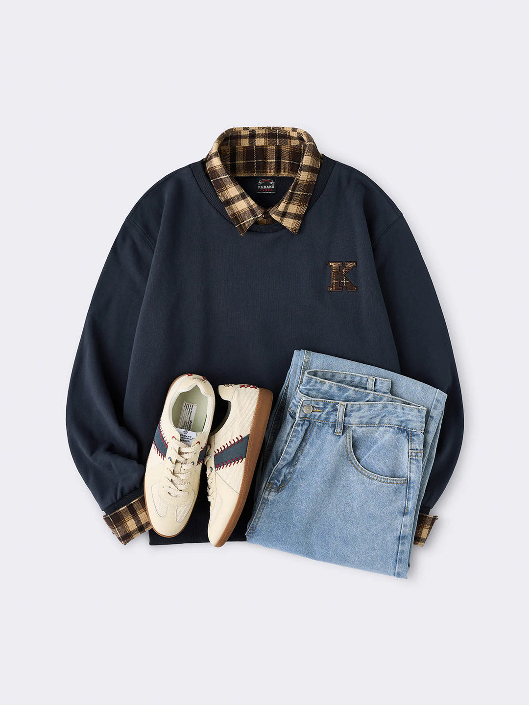 "K" Embroidered Patch Faux-Layered Check Sweatshirt
