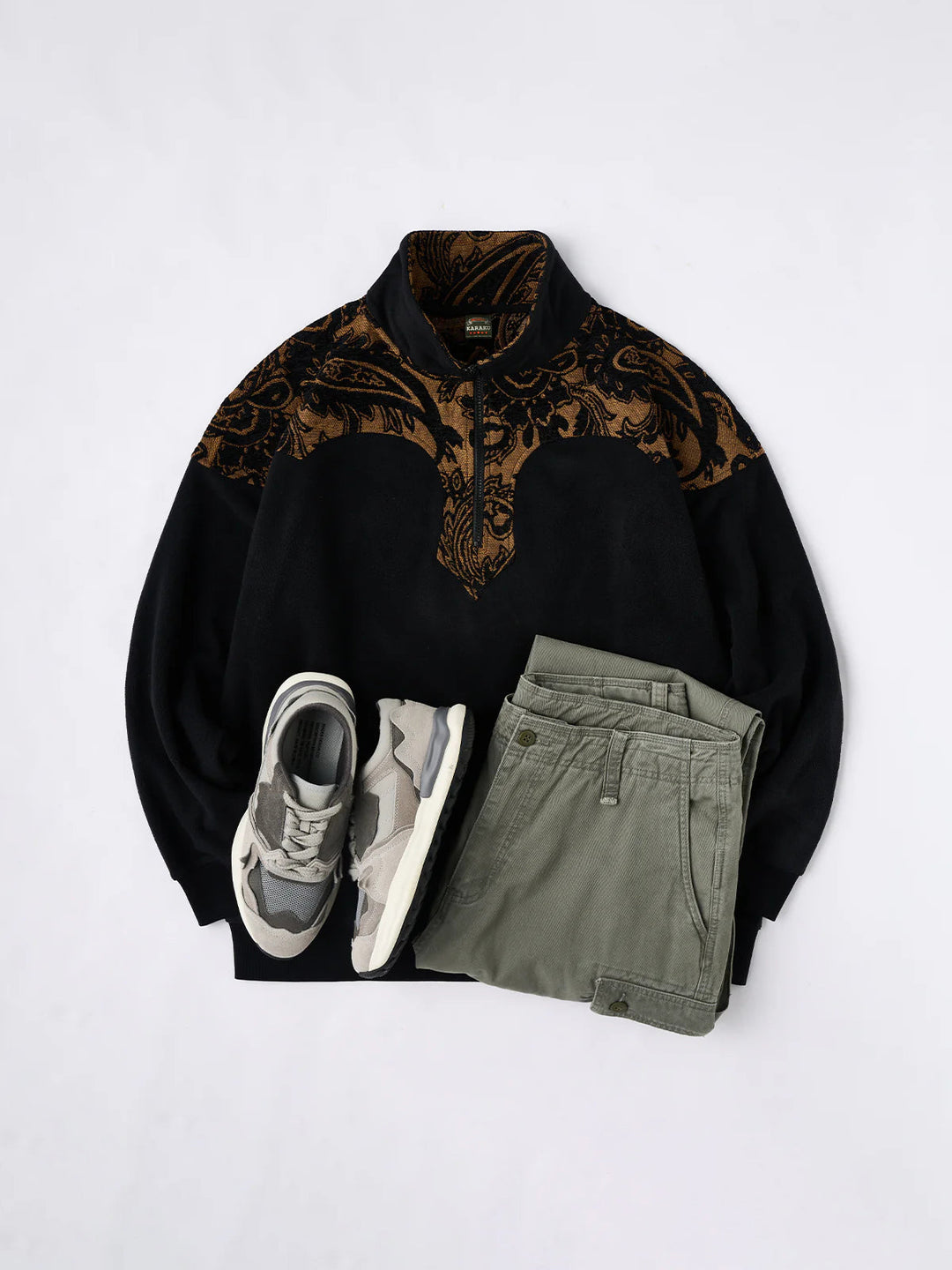 Paisley Pattern Mixed Material Western Half-Zip Fleece Pullover