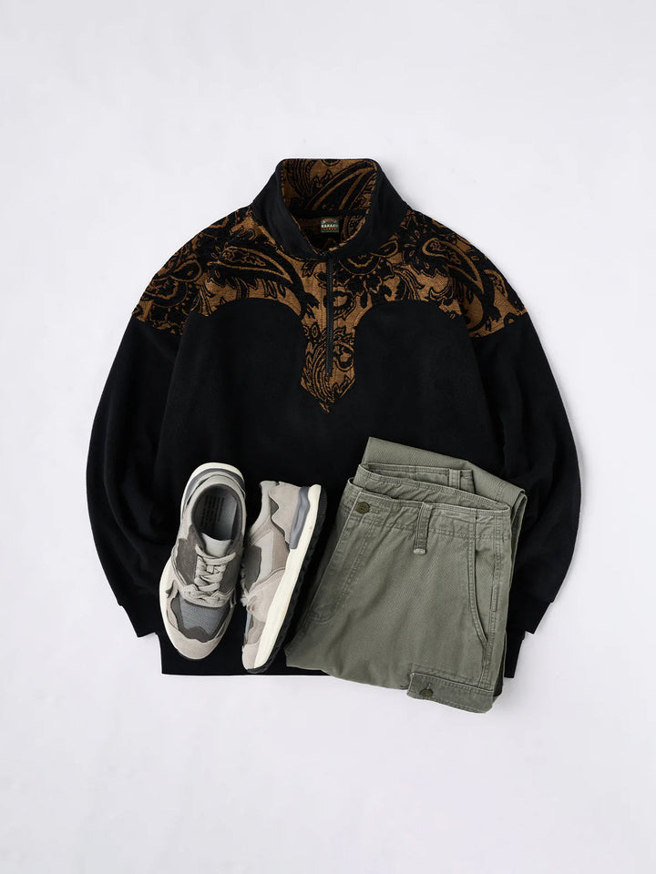 Paisley Pattern Mixed Material Western Half-Zip Fleece Pullover