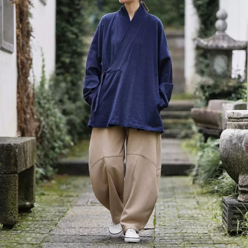 Loose Cotton Cross Front Hanfu Kimono Cardigan