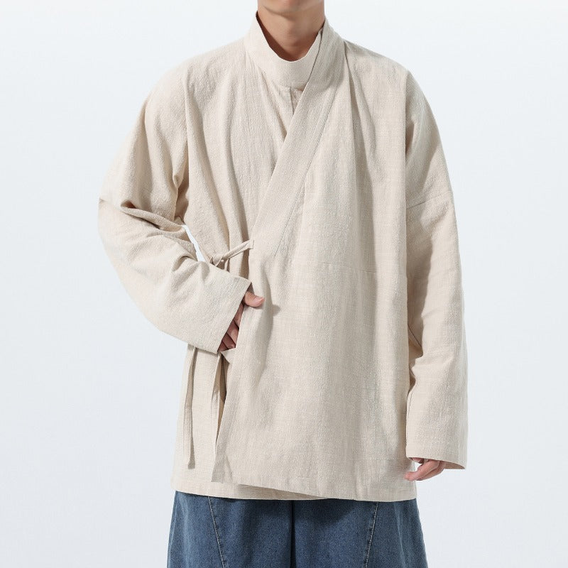 Loose Cotton Cross Front Side Tie Shirt Hanfu