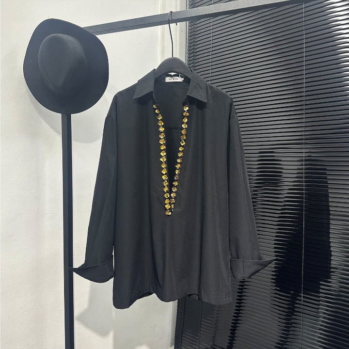 Deep V-neck Loose-fitting Sequin Shirt