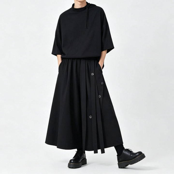Japanese Loose Half Sleeve T-shirt High-waist Patchwork Wide-leg Skirt-pants Two-piece Set