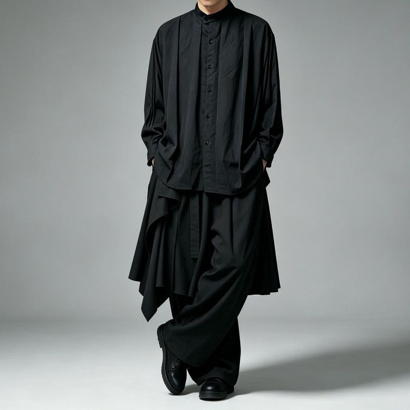 Japanese Minimalist High-waist Asymmetrical Layered Loose Wide-leg Skirt-pants