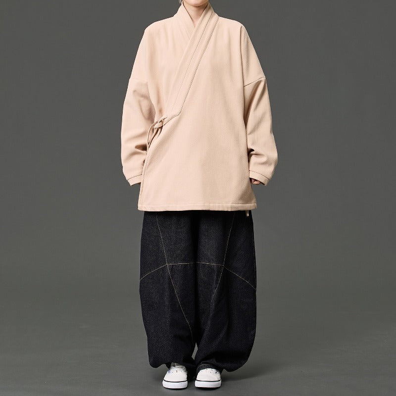 Fleece Lined Diagonal Placket Loose Hanfu Cardigan