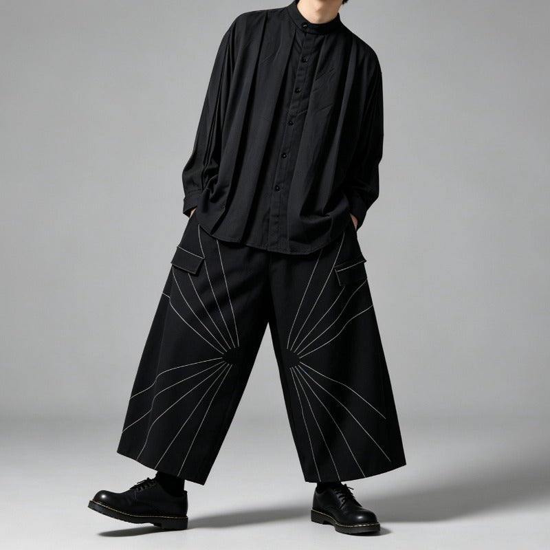 Japanese Draped Loose Long Sleeve Shirt Contrast Line High-waist Loose Wide-leg Pants Two-piece Set