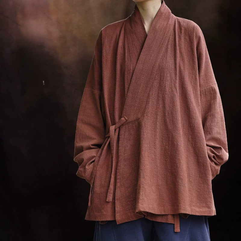 Loose Cotton Cross Front Hanfu Kimono Cardigan