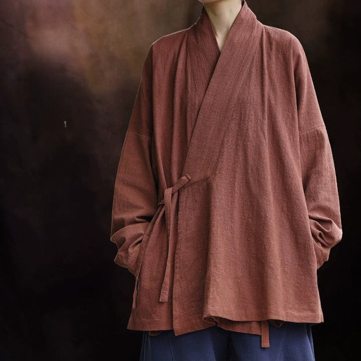 Loose Cotton Cross Front Hanfu Kimono Cardigan