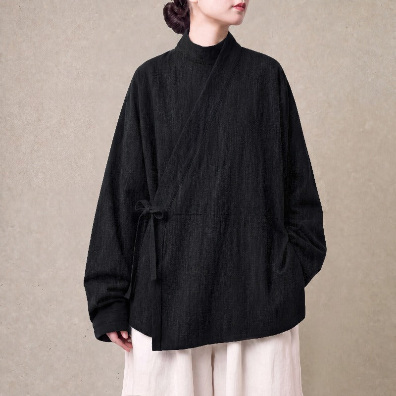 Cotton Textured Cross Collar Wrap Side Tie Loose Cardigan