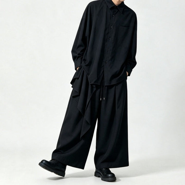 Japanese Draped Asymmetric Hem Long Sleeve Shirt Wide-leg Pants Two-piece Set