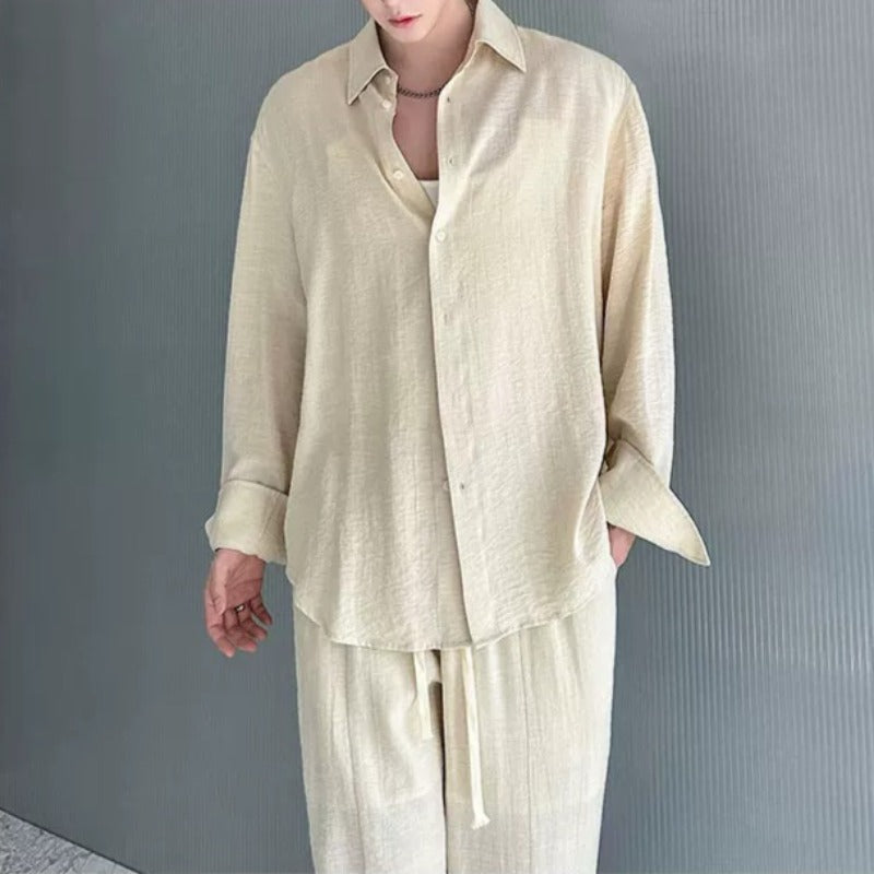 Cotton-Linen Long-Sleeve Shirt Wide-Leg Pant Casual Two-piece Set