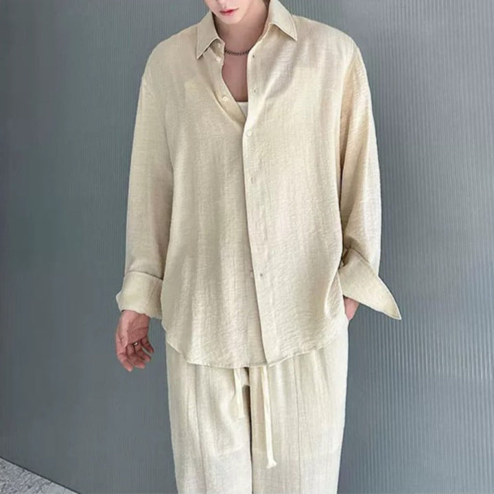 Cotton-Linen Long-Sleeve Shirt Wide-Leg Pant Casual Two-piece Set