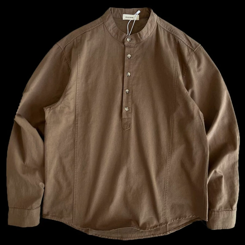Heavyweight Japanese-style Henley Collar Long-sleeved Shirt