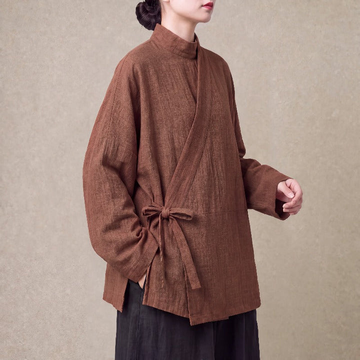 Cotton Textured Cross Collar Wrap Side Tie Loose Cardigan