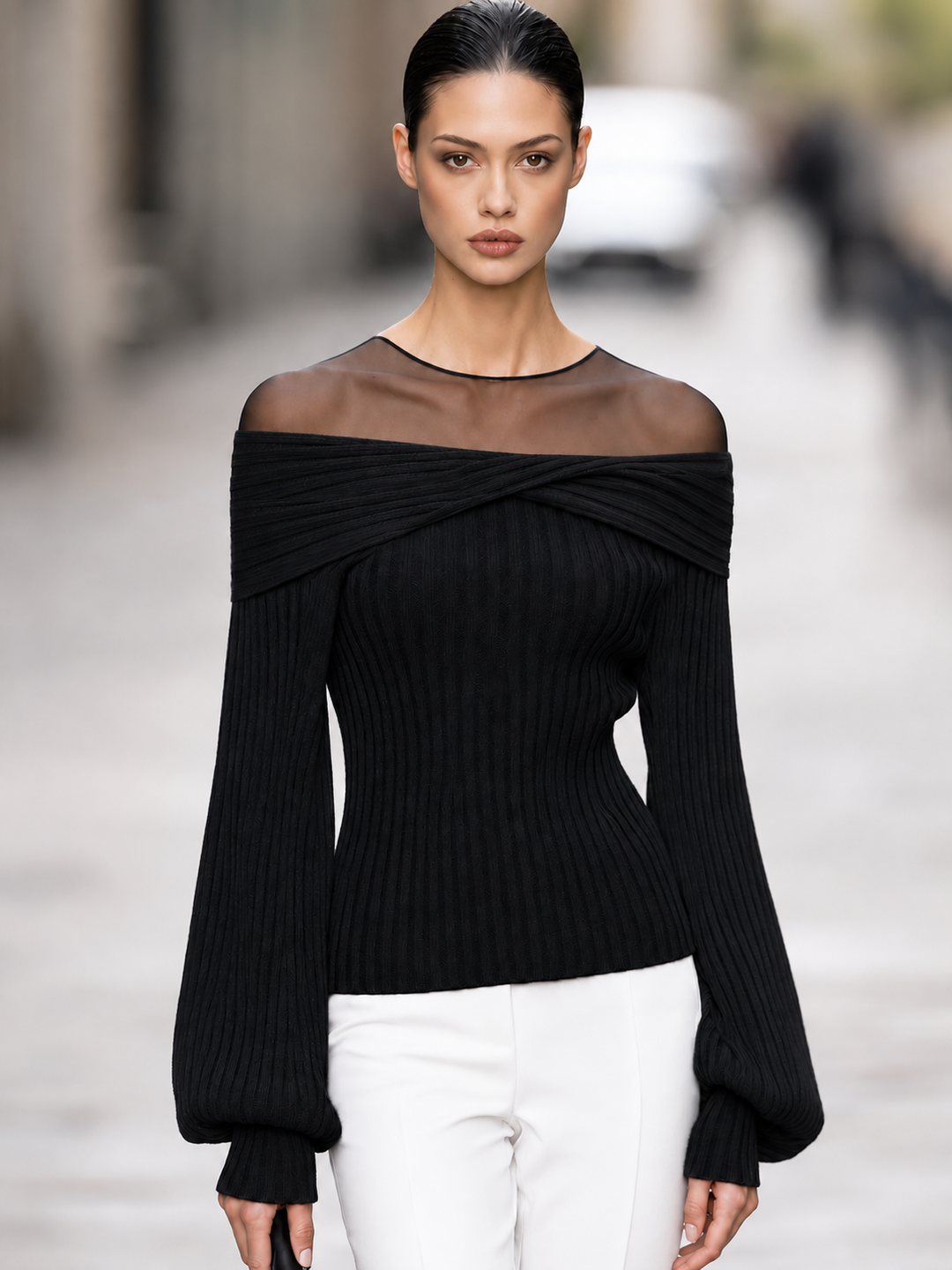 Sheer Mesh Yoke Off-Shoulder Ribbed Knit Sweater