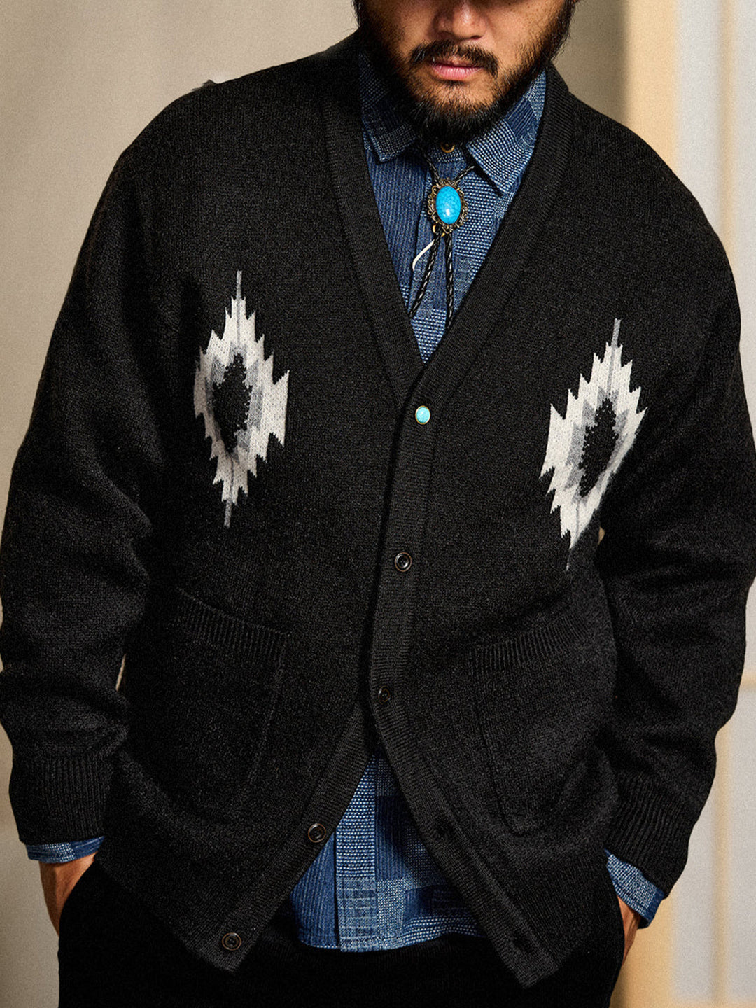Jacquard Knit V-Neck Cardigan with Navajo &amp; Thunderbird Motifs