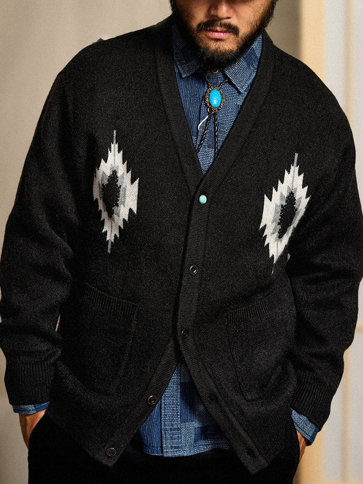 Jacquard Knit V-Neck Cardigan with Navajo &amp; Thunderbird Motifs