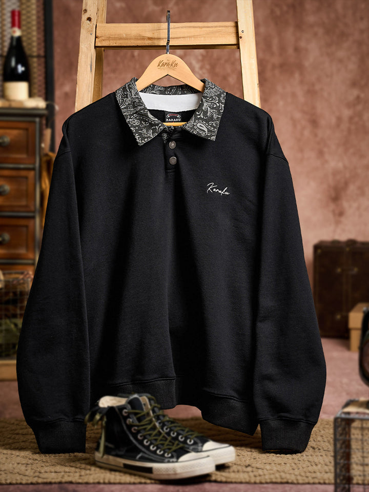 Karaku Embroidered Polo Sweatshirt with Jacquard Paisley Collar &amp; Placket