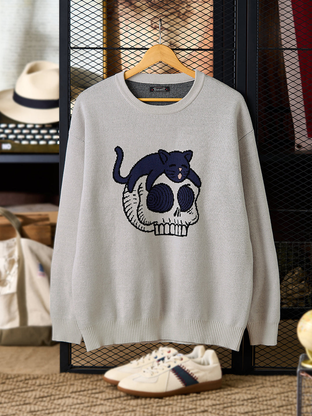 “Black Cat on Skull” Pop Art–Style Jacquard Knit Sweater