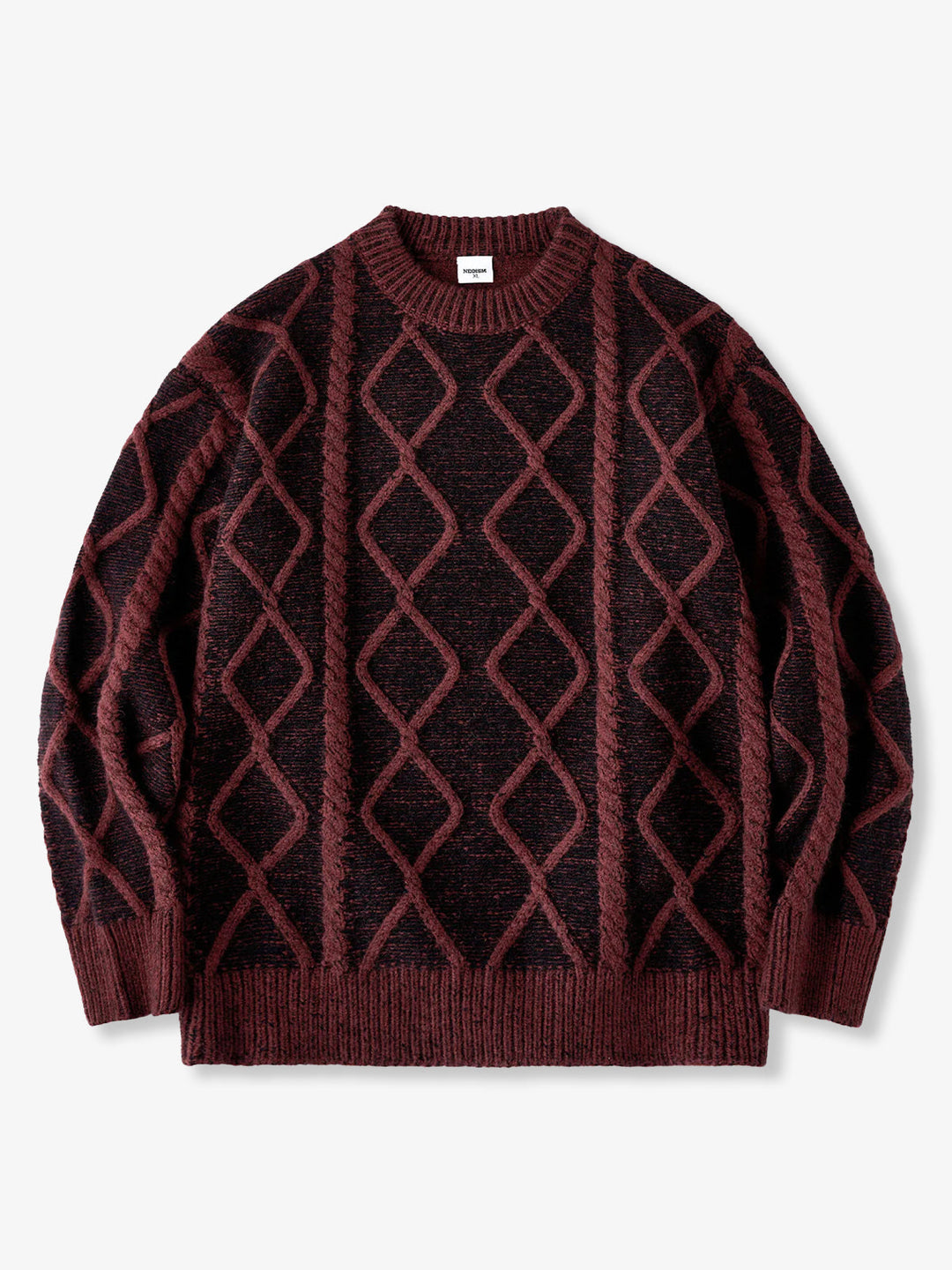 Crew Neck Sweater with Diamond Cable Knit Pattern