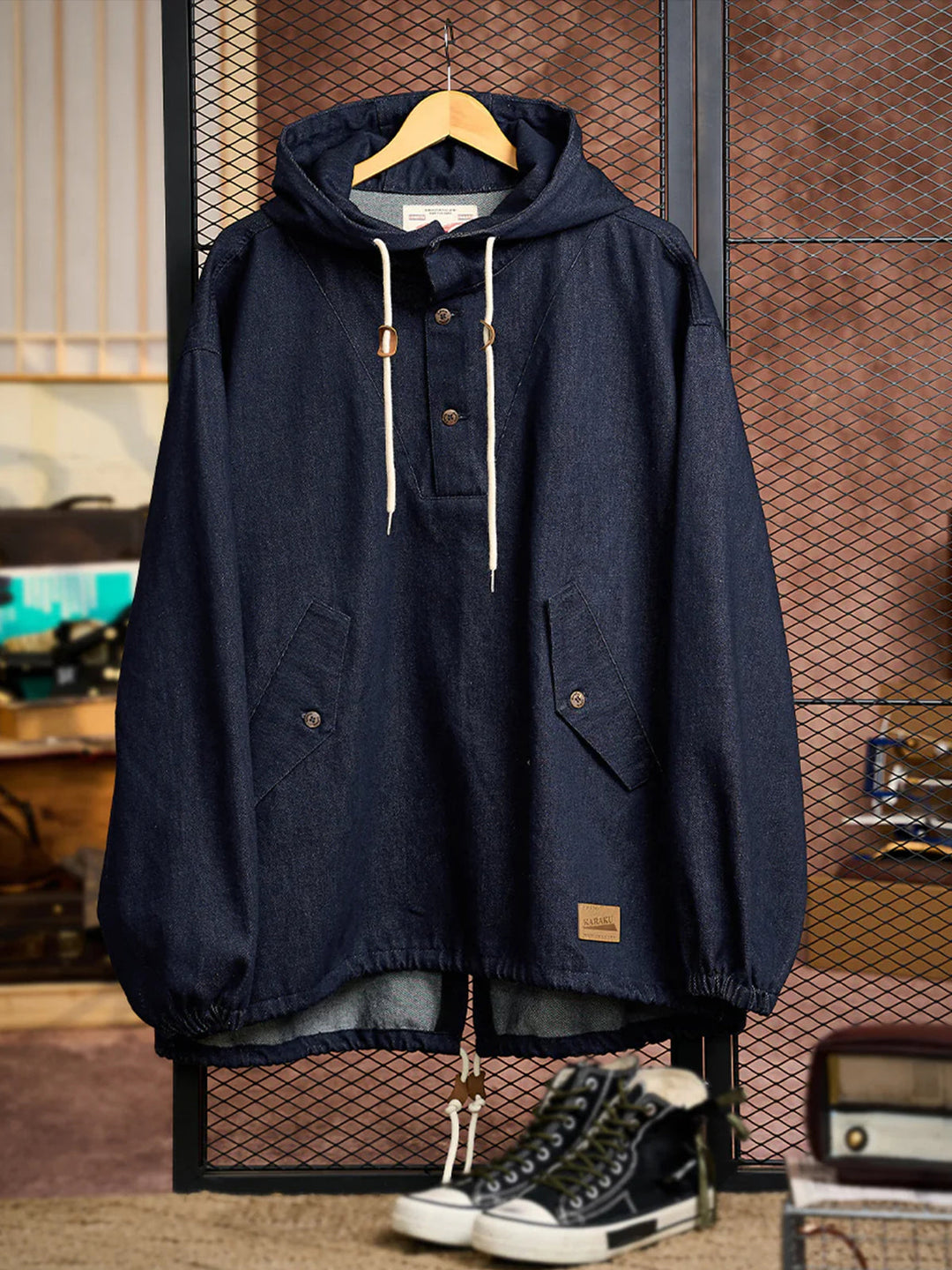 Washed Denim Hoodie with Half-Button and Side Slits
