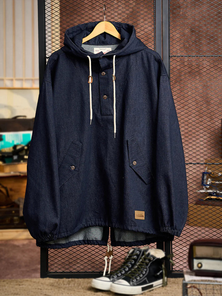 Washed Denim Hoodie with Half-Button and Side Slits
