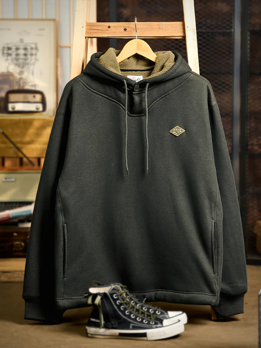 “STAY TRUE” Embroidered Patch Fleece-Lined Utility Hoodie