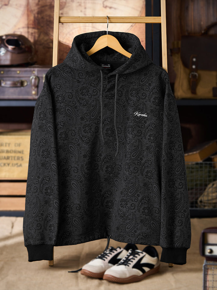 “KaraKu” Embroidered Logo Paisley-Print Cotton Hoodie