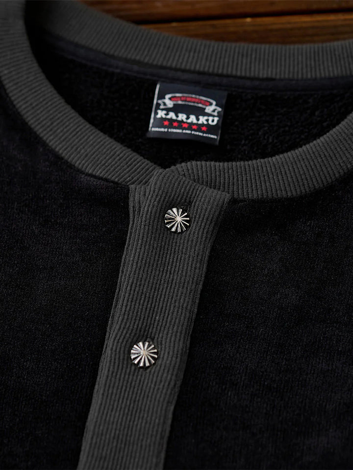 Henley Neck Fleece Sweatshirt with “KaraKu” Embroidery (Double-Sided Brushed)