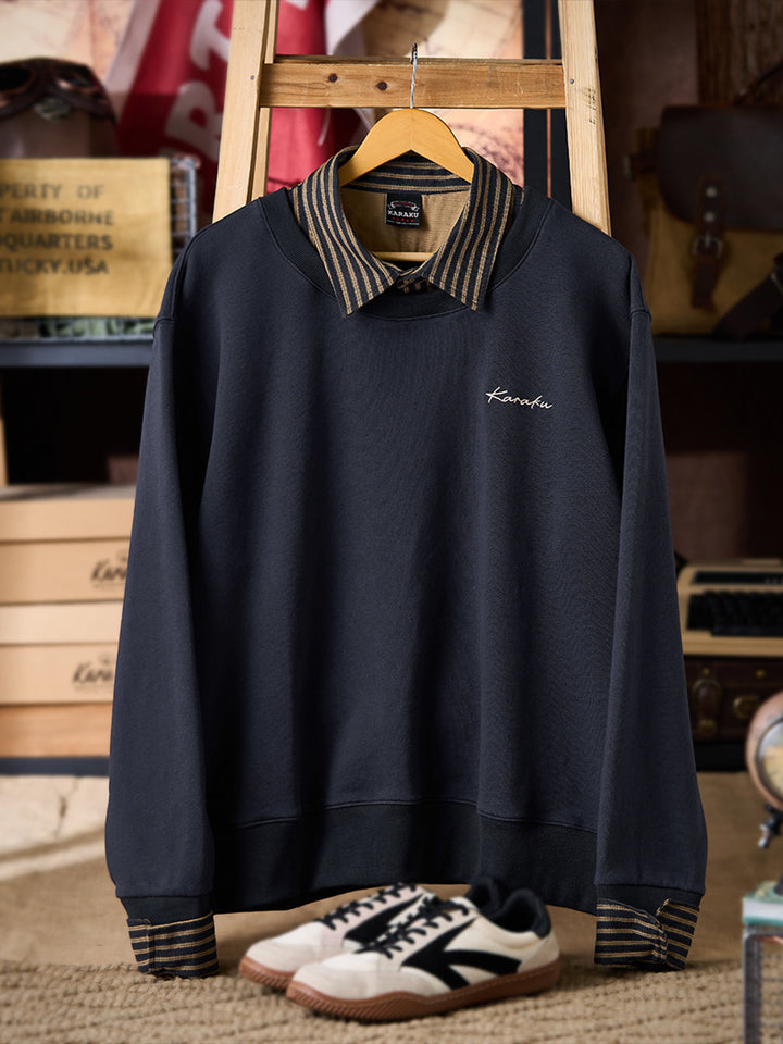 Faux-Layered Stripe Shirt &amp; Embroidered Crewneck Sweatshirt