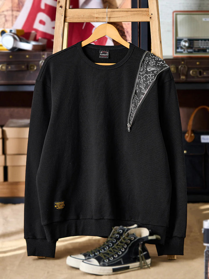 Paisley Pattern Denim Panel &amp; Zip Crewneck Pullover Sweatshirt